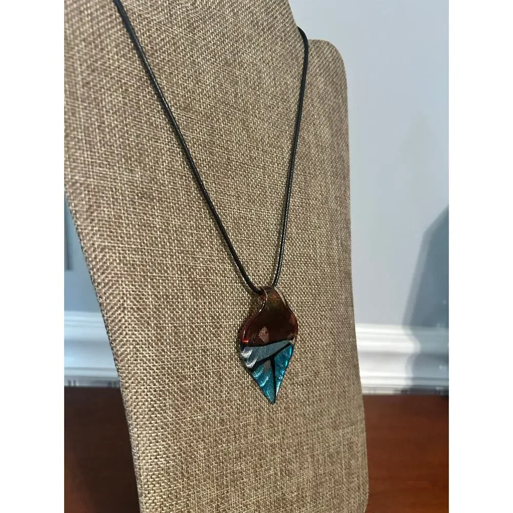 Art Glass Teardrop Pendant Necklace Blue Amber Swirl Black Cord Unisex